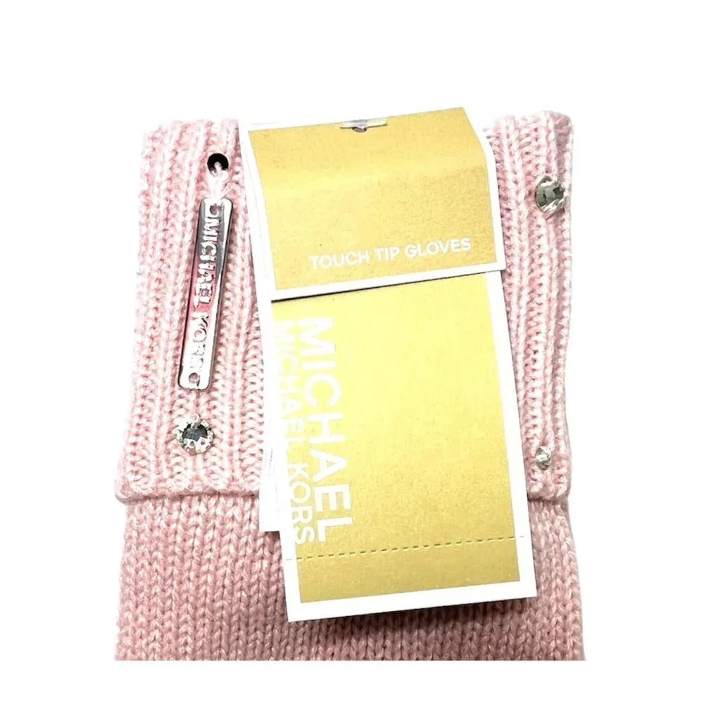 Michael Kors Womens Pink Embellished Ribbed Cuff Tech Touch Knit Gloves New